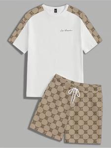 Men's Streetwear Casual Print Tee and Short Pants Set, Ideal Gift for Men and Teens, Geometric Pattern, Fitted Crop Top, Drawstring Shorts