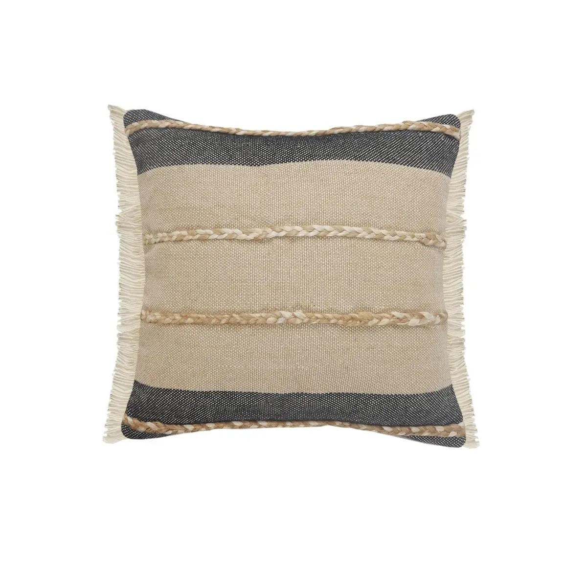 360 Stand Black Striped Zippered Jute Blend Square Throw Pillow - 4x20x20in, Braided Trim, Neutral Tones, Soft Touch Square Home Decorative Removable Cushion, Boho Vibe for Living Room Indoor Use, Square Cushion