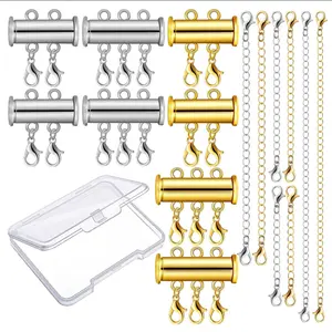 12 Pieces Necklace Layering Clasp Necklace Connector Slide Clasp Lock Multi Strand Slide Tube Clasp Plated Tube Lock Connector Necklace Separator with Bracelet Chain Extender Box (Gold, Silver)