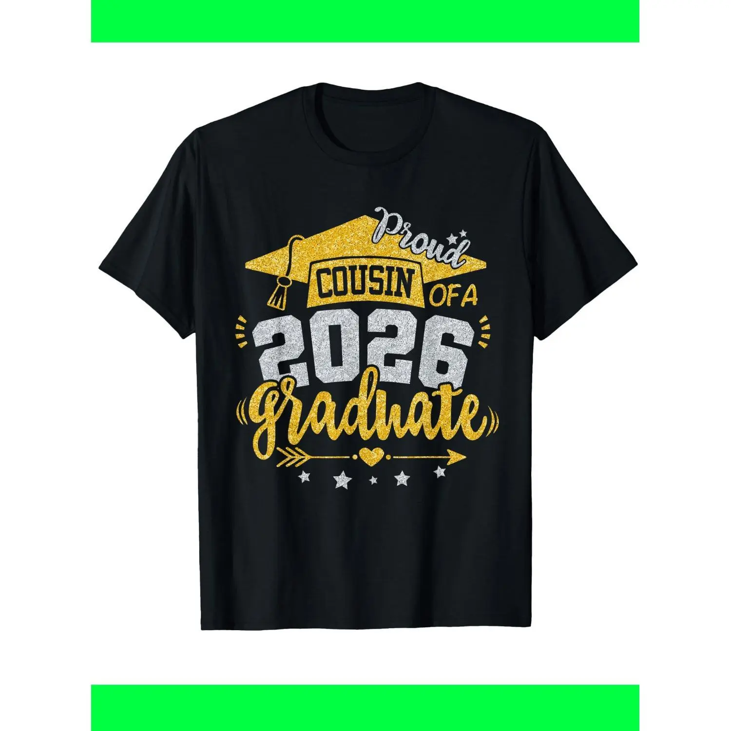 2026 Graduation Proud Cousin Graphic Black Cotton Unisex Short-Sleeved Crew Neck T-Shirt, Breathable Moisture-Wick Fabric, Casual Wear for Sports & Outdoor Daily Family Celebrations