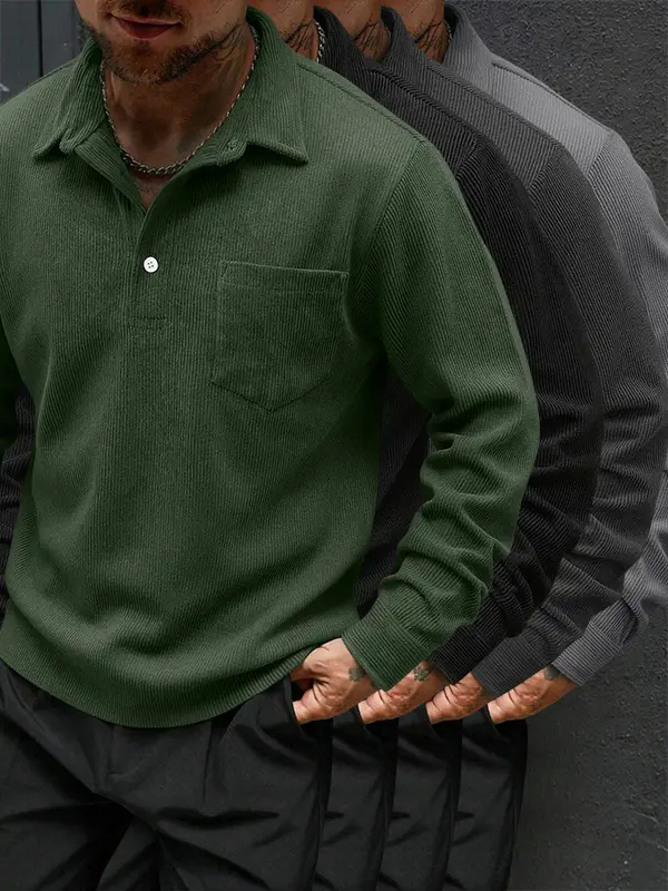 Men’s 4-pack corduroy long-sleeve polo shirts for spring/autumn, available in multiple colors; casual everyday wear, comfortable loose fit, versatile top for commuting.