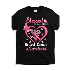 Unisex Oversized Basic Short Sleeve Comfy Cotton T-Shirt - Blessed to Be Called Breast Cancer Survivor Print, Pink Heart & Bow Design, Crew Neck, Regular Fit, Machine Washable, Casual Summer Top, Gift for Survivors