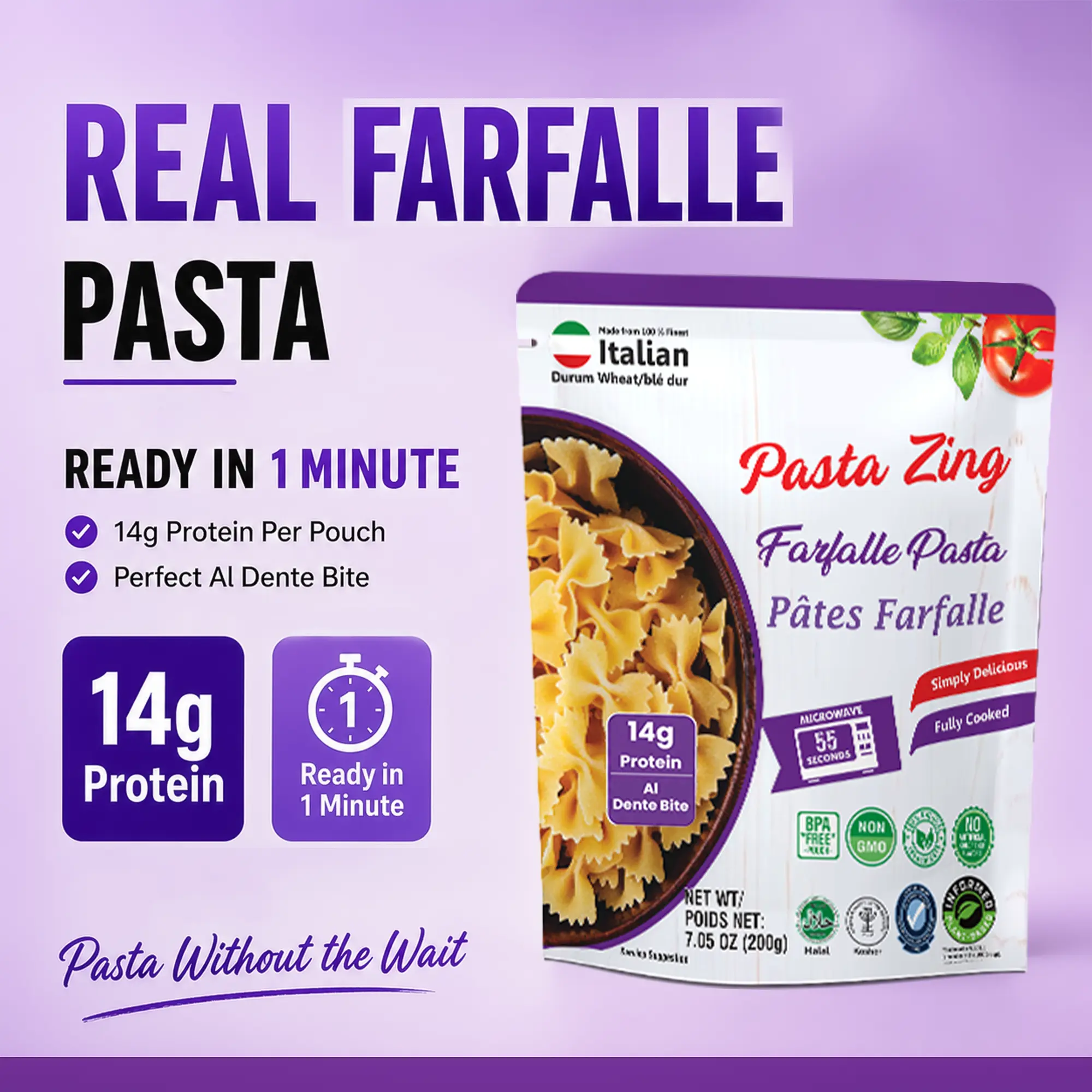 Pasta Zing Farfalle Pasta Pack of 7 | Ready in 1 Minute | Fully Cooked Bowtie Pasta | 14g Protein Per Pouch | Non-GMO | Perfect Al Dente Bite