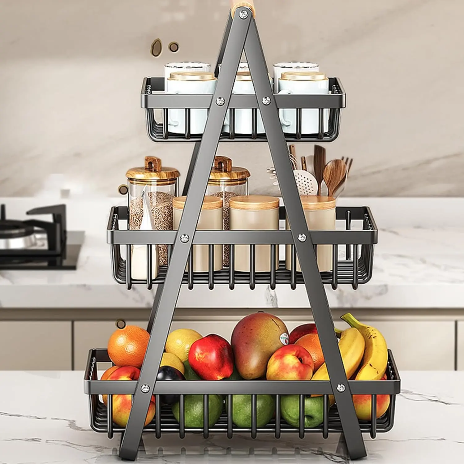 Three-Layer Fruit Basket Bread Basket Vegetable Rack Detachable Fruit Rack Suitable for Fruits Vegetables Snacks Home Kitchen Office Use with Screwdriver