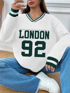 Women's Casual Patchwork V-Neck Sweater, London Letter & Number 92 Print, Striped Cuffs and Hem, Fall Winter Comfortable Top