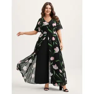 BLOOMCHIC Blackflower Floral Layered Pockets Jumpsuit Fitted Short Sleeve V-Neck Maxi Dress with Hidden Zipper & Slanted Pockets for Women Shortsleeve Vneck Womenswear(Sheet)