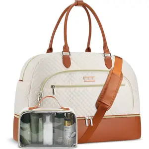Weekender Bags for Women, Large Travel Duffel Bag Carry  Overnight Bag with Shoe Compartment and Toiletry Bag for Travel Business Gym , Beige Brown