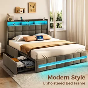 Queen Size Bed Frame with LED Lights and Charging Station, Upholstered Bed Storage Headboard & Drawers, Heavy Duty Wood Slats, Easy Assembly