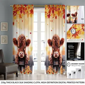 2panels Autumn Maple Leaf & Highland Cow Print Blackout, Hole Design Top, Ideal for Kitchen Living Room Cafe Bedroom, Privacy Grommet Curtains