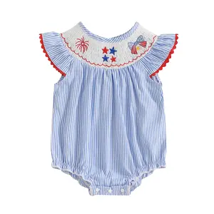 Newborn Baby Girl 4th of July Outfit Star Bow Smocked Bubble Romper Fly Sleeve Striped Jumpsuit Patriotic Memorial Day Clothes