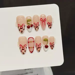 3D Bow Cherry Design False Nail, Handmade Almond Reusable Press on Nails