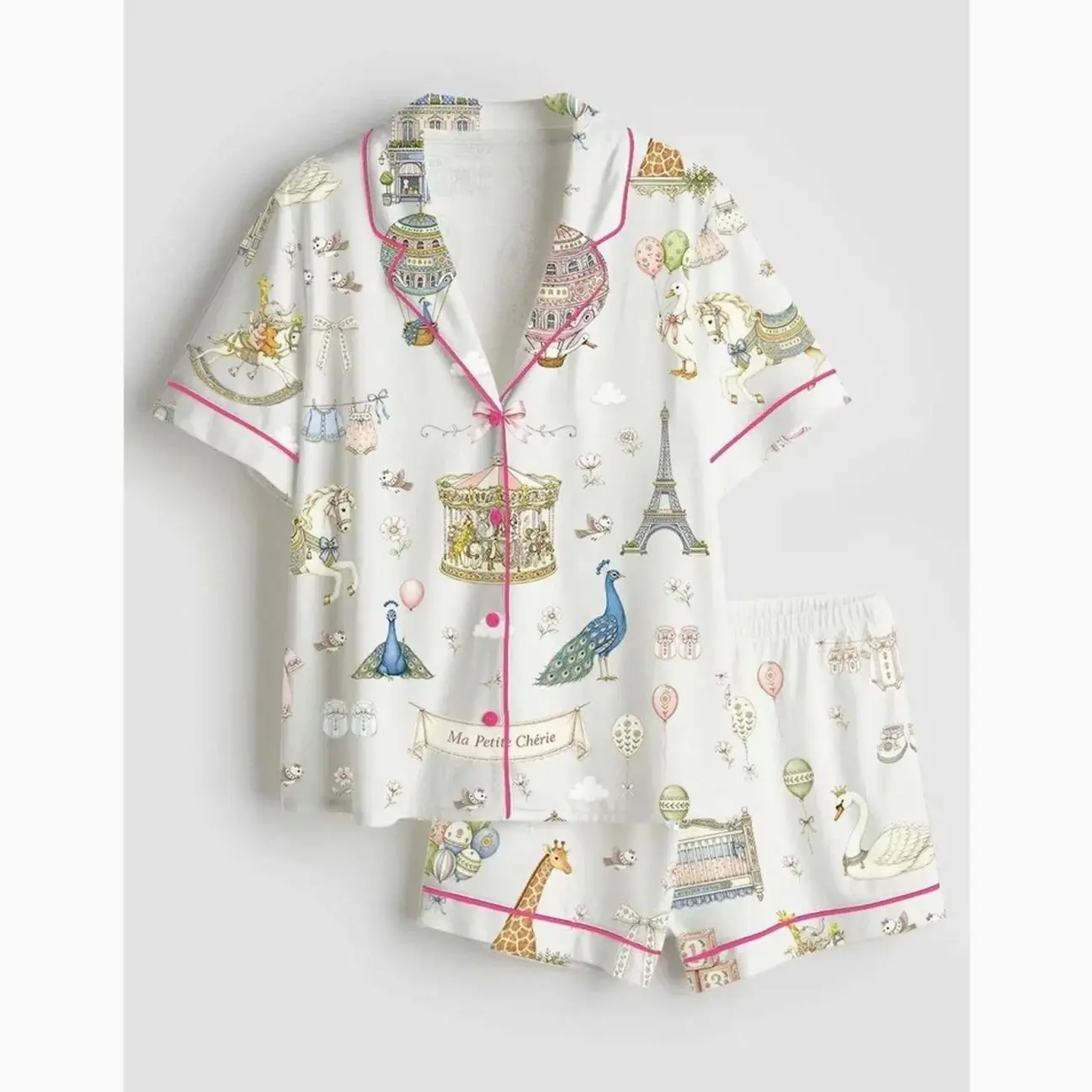 Chic Paris Eiffel Tower Silky Satin Pajamas, Cute Carousel Swan Short Sleeve Pjs