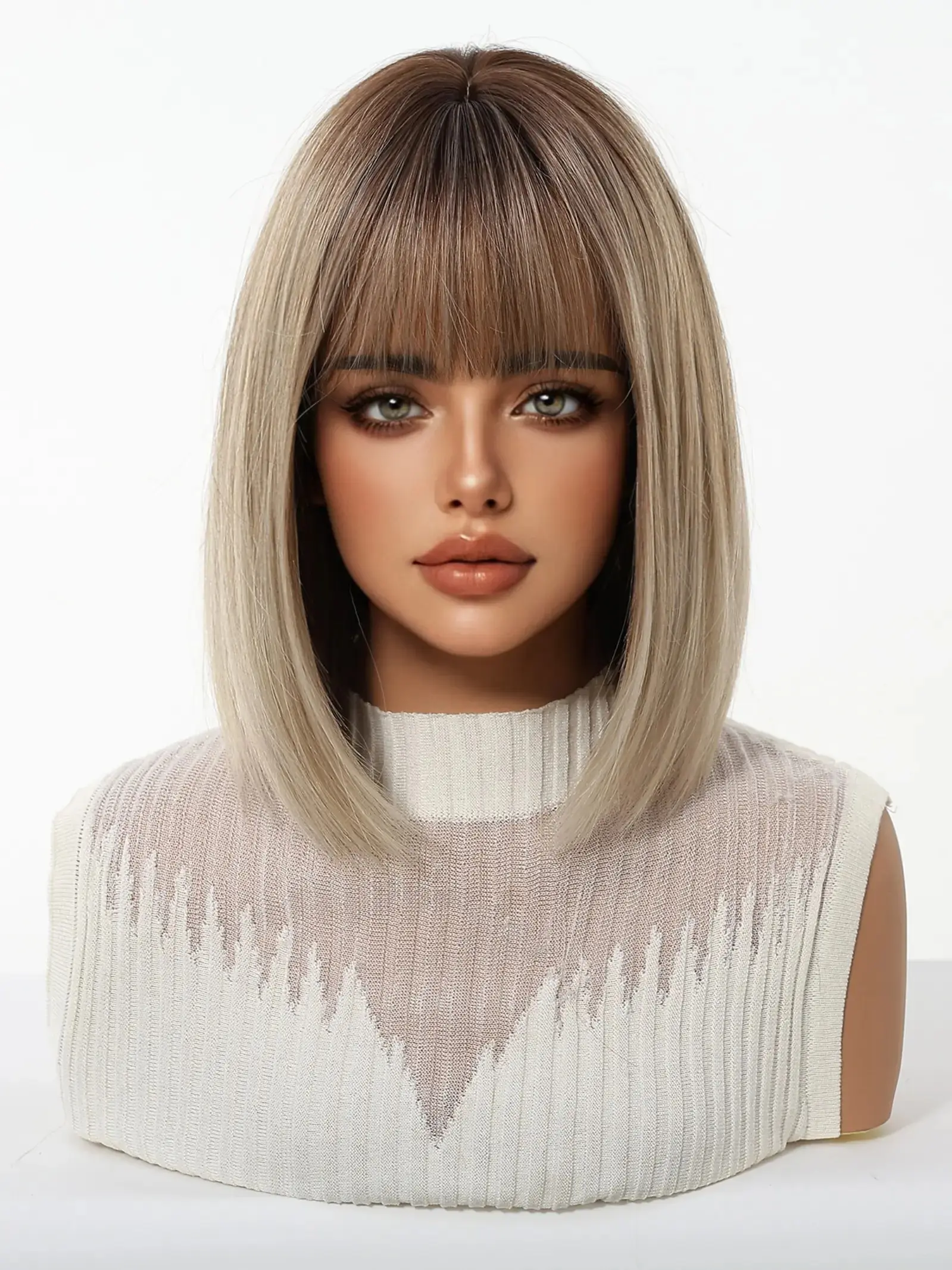 12 Inch Wig, Full Bangs, Heat Resistant Fiber, Straight Hair, Natural Look, Suitable for Daily Use, Casual Wear, Special Occasions, Synthetic Fiber Wig
