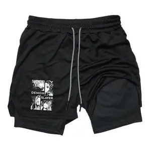 Men's 2-in-1 Double Layer Drawstring Workout Shorts, Demon Slayer Kimetsu no Yaiba Character Print Stretchy Athletic Gym Shorts with Built-in Liner & Pockets, Quick Dry Training Shorts for Anime Fans