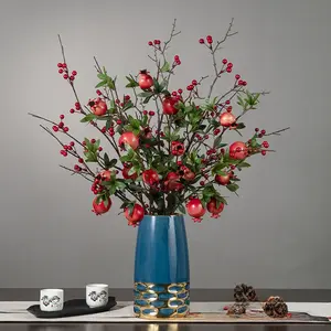 Artificial flower 6-headed pomegranate branch with pomegranate fruit ornament for housewarming, New Year's decoration, home living room floor decoration
