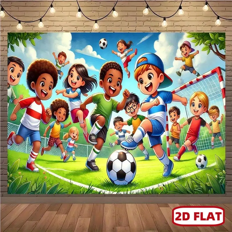 1pc Section 6.1 Cartoon of Children Playing Football Backdrop wall hanging fabric, 8x6ft backdrop decor, Room, Photo Studio props - Multi-purpose Room banner decor for home decor, parties, studios, home & gard