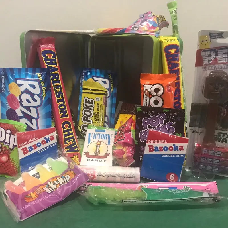 Retro Gifts By Roka Bruce Banner Gift Lunchbox Tote Multicolor Design with Retro Candies from the 1950s to 1990s