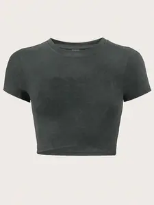 Women's Solid Round Neck Crop Tee, Casual Short Sleeve Crew Neck Slim T-shirt for Summer, Fashion Women's Top for Everyday Wear