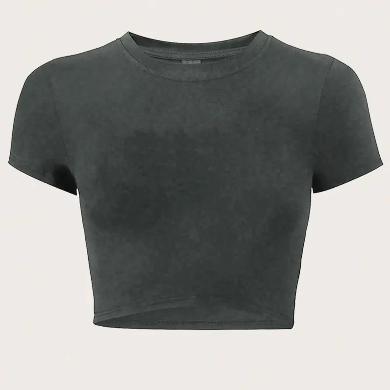 Women's Solid Basic Round Neck Crop Tee, Minimalist Casual Tee, Casual Short Sleeve Crew Neck Slim Fit T-shirt for Summer, Chic Fashion Women's Lady Top for Everyday Wear