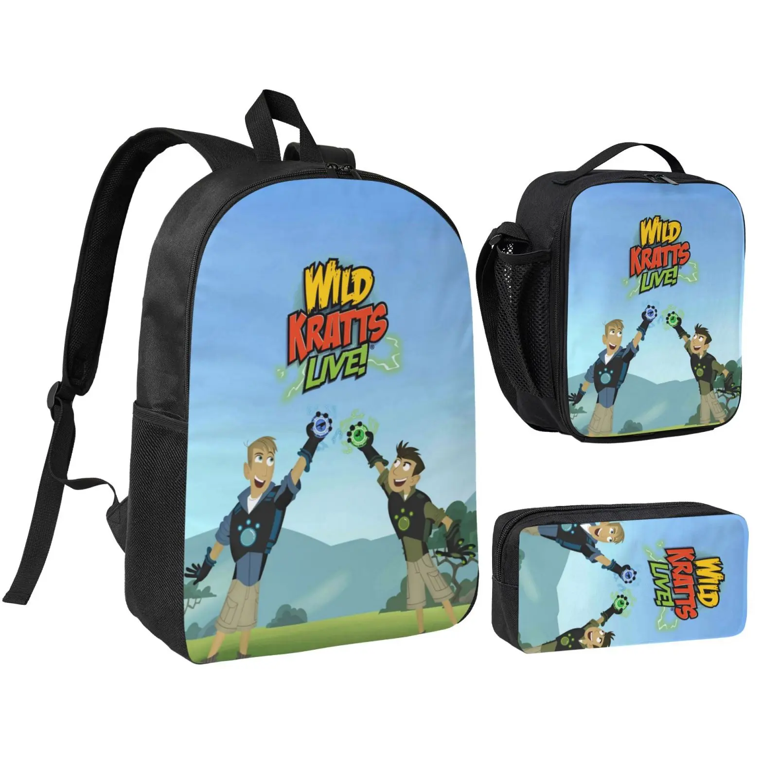 3 in 1 Kids Backpack Set, 17-Inch Cartoon Animal Print School Bag with Lunchbox and Pencil Case, Lightweight Daypack for Travel and Camping, Zoboomafoo, 3 In 1 Bag Set, 1.8*8.7*4.3Inch, 5.1*12.6*17Inch