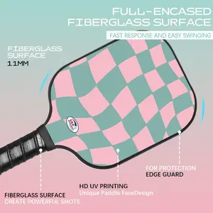 Premium Graphite Paddle Tennis Set (2 Paddles, 4 Balls, Carry Bag) - Cute Pink Green Checkered Design, Honeycomb Core for All Levels