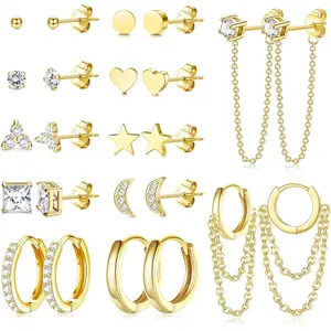 Sanfenly 12-Pair 14K Gold Plated Huggie Hoop & Cartilage Set - Heart CZ Ball, Heart Shaped, Studs for Women’s Multiple Piercings, Casual Daily Wear Earring Stacking Set, Studs Earrings, Multiple Pairs