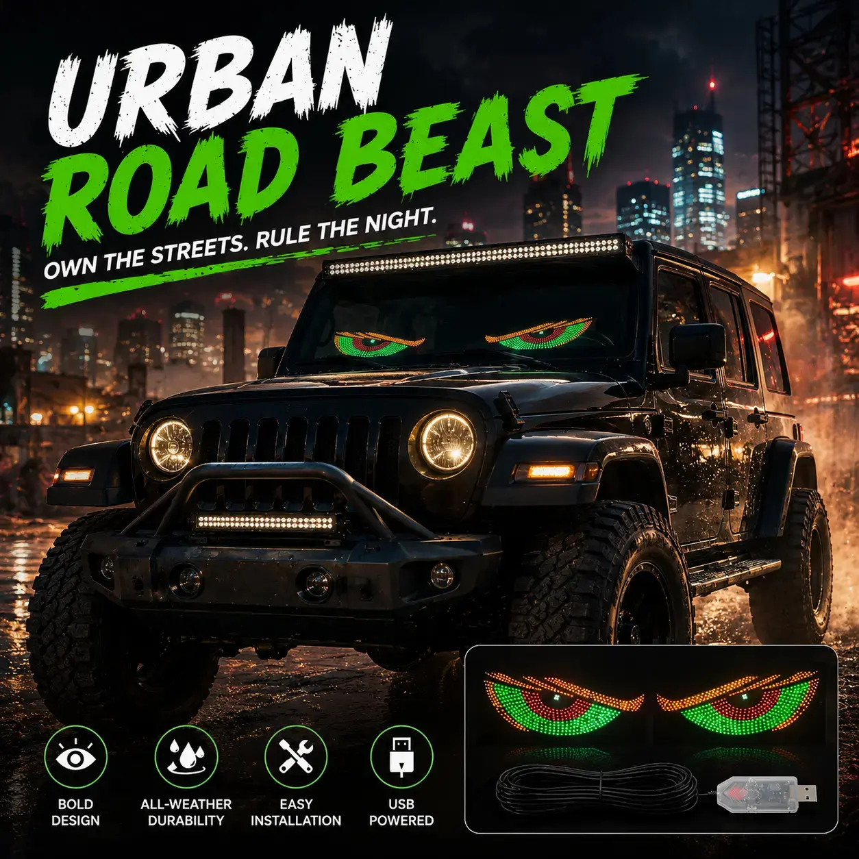 [Ideal Gift for Father] Cool LED Devil's Eye Glow Lights - USB-Powered Vehicle Exterior Decoration, Windshield Accessory for Pickups & Car Meets - Midnight Drive Aesthetic Essential Car Accessories, Auto Car Accessories for Trucks, SUVs
