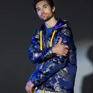 Dragon & Smoke Navy Blue & Gold Chinese Silk Brocade Zip-Up Hoodie for Men - Casual, Menswear, Clothing