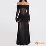 OQQfitness Women's Maxi Party Dress, Off Shoulder Elegant Ruched Bodycon Solid Color Evening Party Gown LongSleeve, Lace Formal Formal Wear
