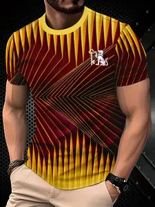 Men's Crew Neck Short Sleeve T-Shirt Red Yellow Gradient Radiating Stripe Optical Illusion All-Over Print Trendy Personality Street Casual Versatile Top Small Lion Logo Decoration Fashion Four Seasons Comfortable Regular Fit Mens Tee