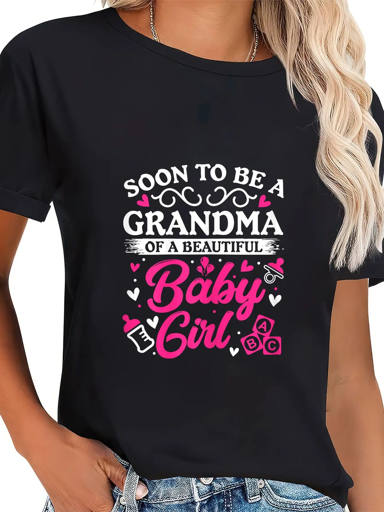 Women's Casual 100% Cotton Short-Sleeve Round Neck Graphic Baby Shower T-Shirt for Upcoming Grandmas of Baby Girls, Shortsleeve, Everyday, Tshirt, Top, Funny Slogan, Vintage