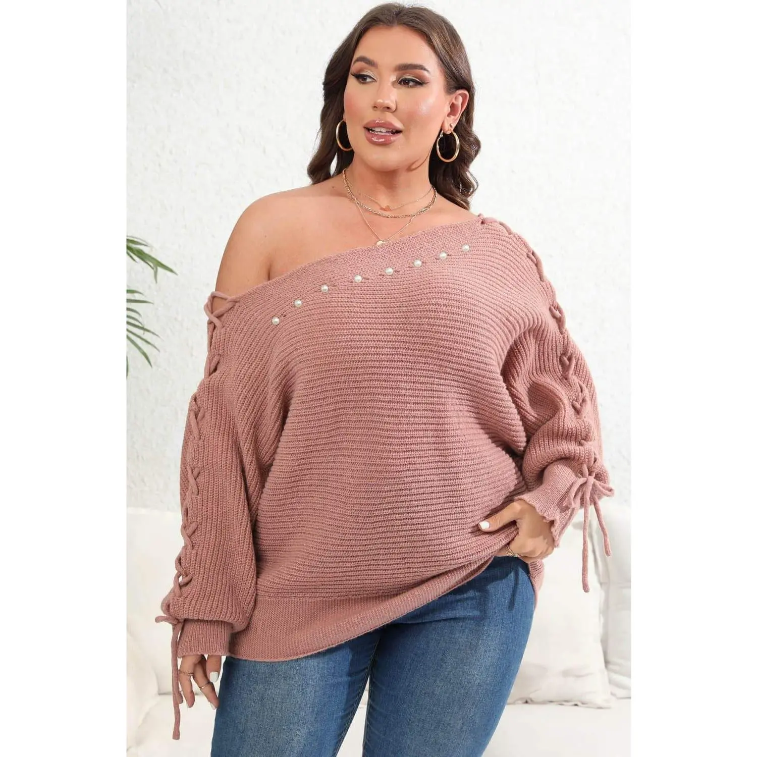 Plus Size One Shoulder Beaded Sweater
