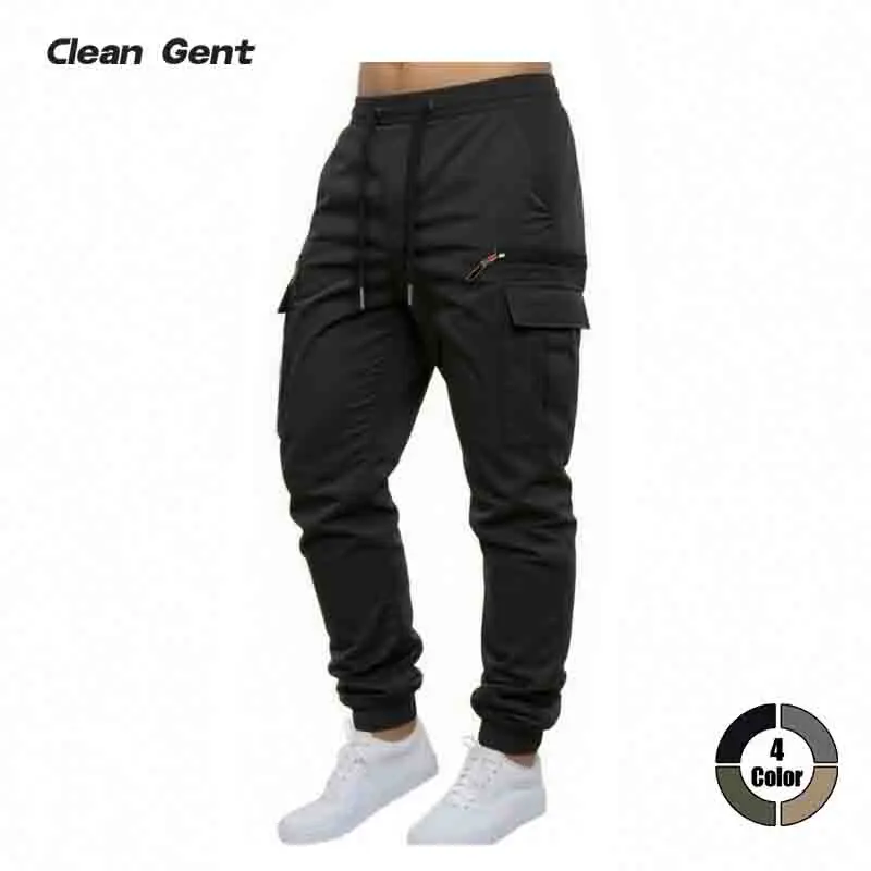Clean Gent 1-pack men’s loose-fit solid-color cargo pants with pockets and drawstring; a casual style suitable for outdoor streetwear, ideal for various seasons and occasions—an excellent choice for daily commuting, hiking trips, and outdoor activities.