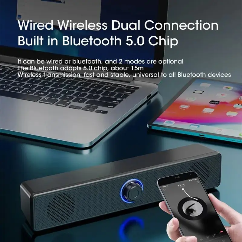 Elysian Mini Portable Bluetooth Soundbar with 2 Acapella Drivers - Stereo Computer Speakers, Loud Bass, Wired/Bluetooth Connectivity, USB-Powered, Batteries Built-In, 50Hz-45kHz Frequency Response, Bass Boost for Mobile, Portable Speakers, Loud Bass Speak