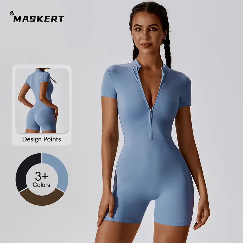 MASKERT Women's Short-Sleeved Quick-Drying High-Stretch Minimalistic Sporty Jumpsuit, Stretchable Activewear for Yoga & Workout