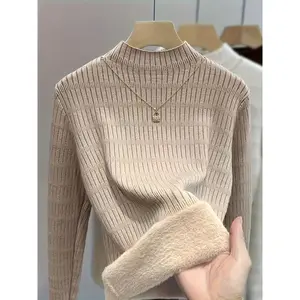 Women's Fleece-Lined Thermal Turtleneck Sweater - High Elasticity Long Sleeve Top, Solid Color All-Season Layering Piece for Casual & Formal Outfits, Versatile Clothing, Soft Texture