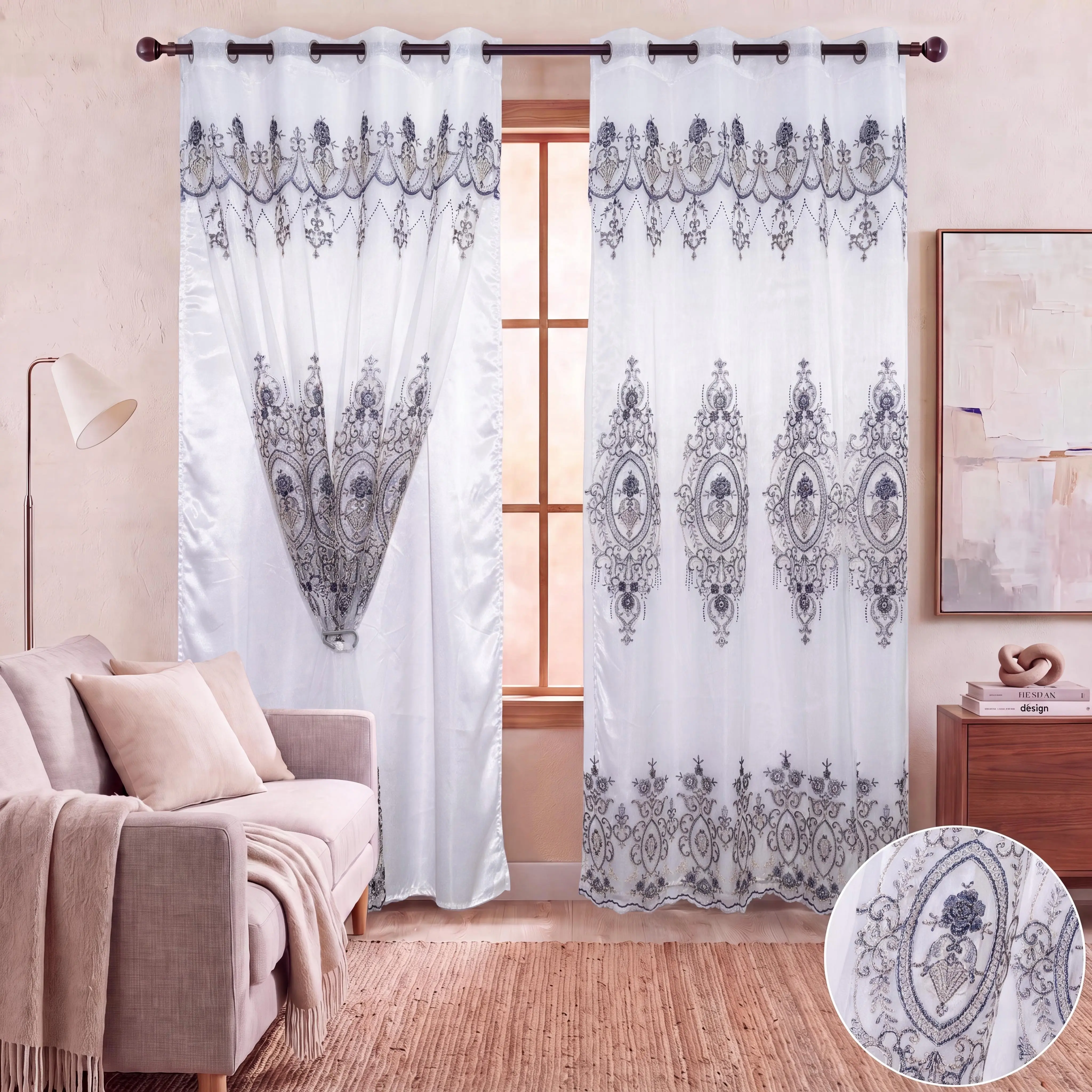 Luxury Double Layer Embroidered Voile Window Curtains with Attached Valance, 2-Panel Grommet Top Drapes (52x84 in), Semi Blackout Thermal Insulated Light Filtering European Look Treatments for Living Room Bedroom Room Decor QF601