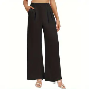 Women's wide-leg trousers with high elastic waist, formal wear, business casual work trousers, formal attire with pockets