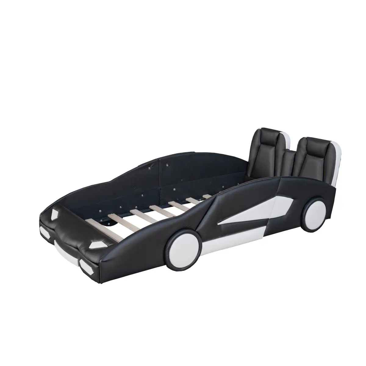 Black Twin Size Race Car-Shaped Toddler Platform Bed, Solid Pine Wood-MDF-PU Construction, Side Safety Rails, Decorative Wheels, 250 Lbs Weight Capacity, Cool Kids Bedroom Bed, Toddler Bed