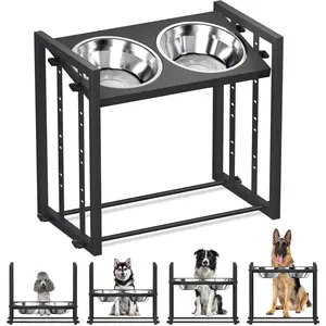 LINZINAR Elevated Metal Dog Bowls for Medium Breed 4 Height-Adjustable Raised Dog Bowl Feeder Station with 2 Stainless Steel Bowls & Non-Slip Mats Dishwasher Safe Non-deformable