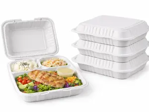 8inch x 8inch 3 Compartment One Time Use Plastic White BPA Free Food Prep Clamshell Box, Nut Container, Bento Box, Fast Food Take Out Box, BBQ Box, Portable, Stackable, Extra Thick, Microwavable, Freezer Safe, Disposable, Dish Washer Safe.
