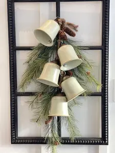 Christmas hanging large bell decoration, mantle winter decor, hanging door Christmas bells rope, cream/gold finish holiday bell decoration