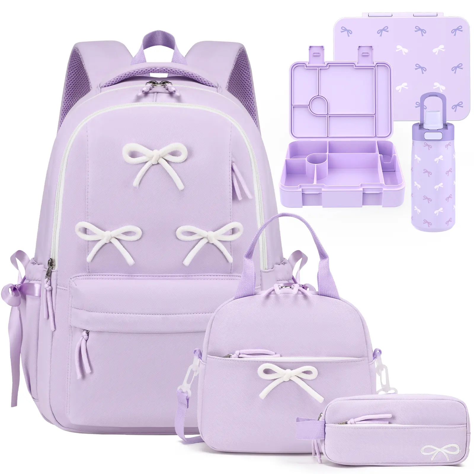 SIMILOVE Girls Backpack for School Set - 5PCS Bow Girls Backpack with Lunch Box, Pencil Case, Bento Box & Insulated Water Bottle - Casual Aesthetic Kids Bookbag Back to School Supplies