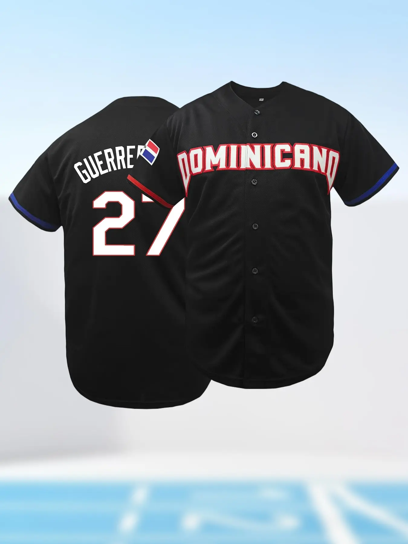 Dominican 27 White & Black Baseball Jersey, V-Neck Short Sleeve, Breathable Sportswear, Number & Letter Embroidery, Button Down Baseball Shirt, Ideal for Outdoor Sports & Workout, All-Season Wear, Unisex for Men and Women, Training Shirt