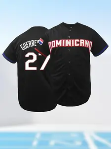 Dominican 27 White & Black Baseball Jersey, V-Neck Short Sleeve, Breathable Sportswear, Number & Letter Embroidery, Button Down Baseball Shirt, Ideal for Outdoor Sports & Workout, All-Season Wear, Unisex for Men and Women, Training Shirt