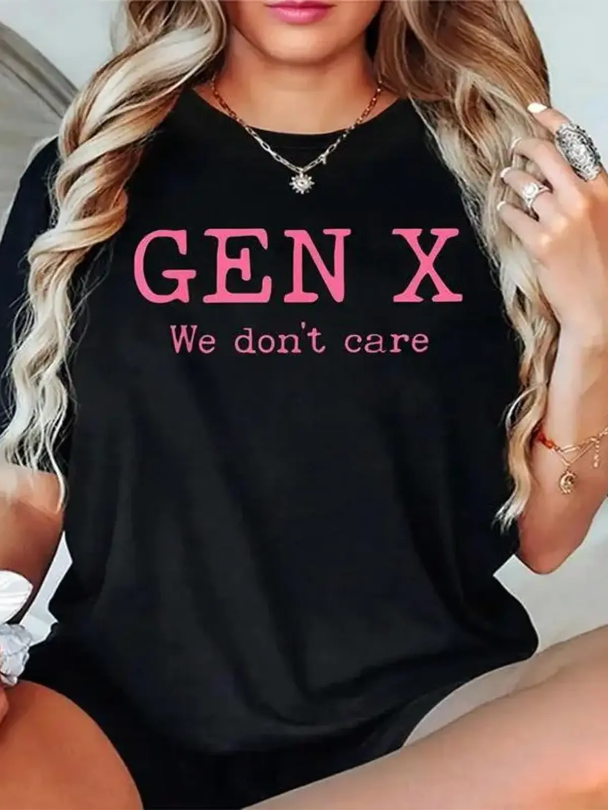 Premium Soft Unisex Cotton Gen X We Don't Care Minimal Pink Text Crew Neck Graphic Tee