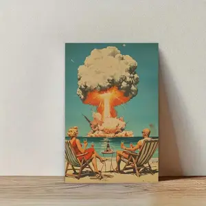Vintage Atomic Bomb Mushroom Cloud Poster – Mid-Century Modern Ocean Wall Art, Retro Beach Scene, Bold Statement Decor