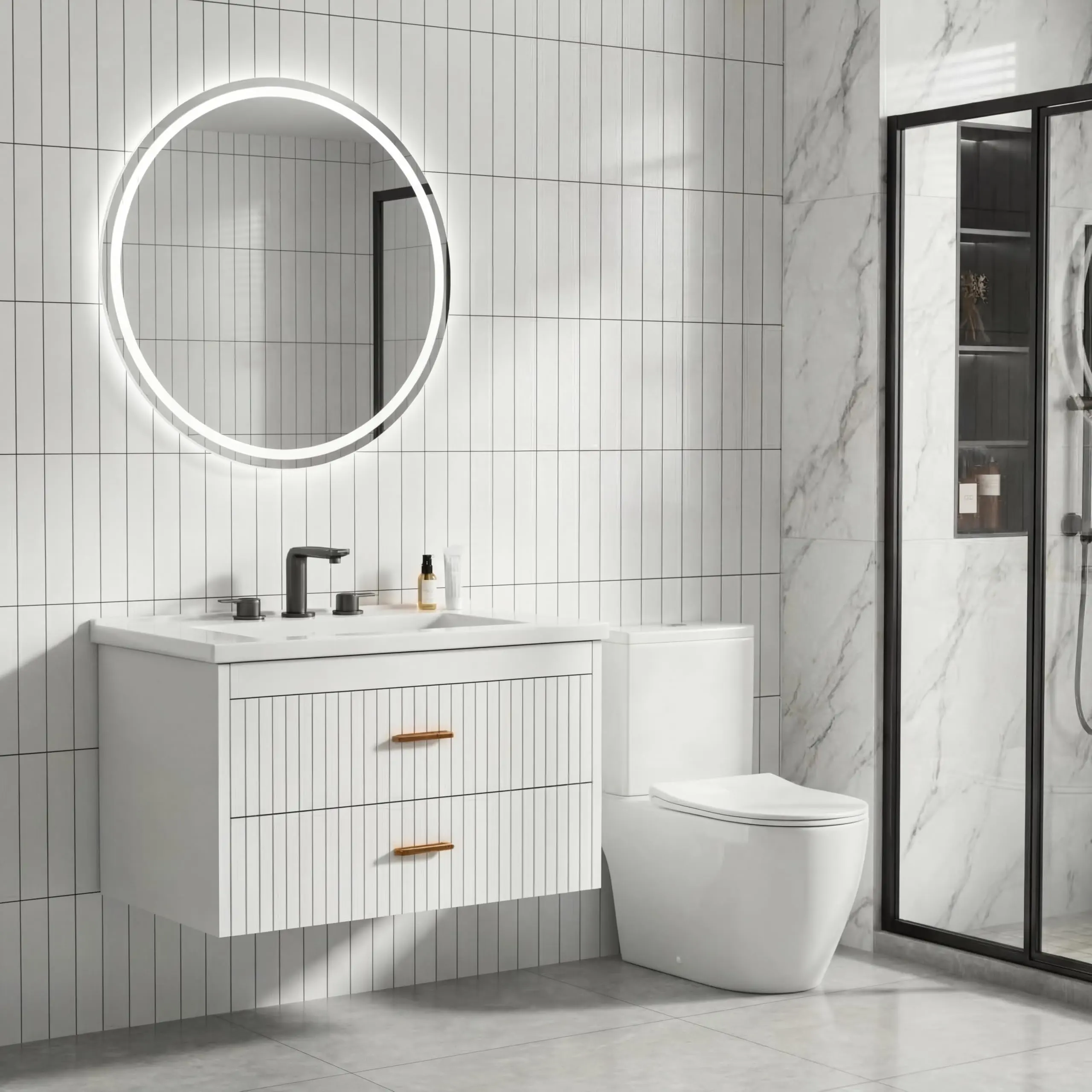Garvee Modern Wall-Mounted Floating Bathroom Vanity Sink - 24/30 in Sizes, Soft-Close Drawers, Water-Resistant Cabinets, Easy-to-Clean White Resin or Ceramic Sink