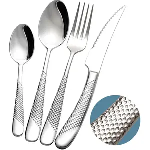 16- Modern Hammered Cutlery Set with Ultra  2-in-1 Serrated , 18/10 Stainless Steel Silverware Flatware Set Service for 4, Tableware Utensil, Forks Spoons  Set