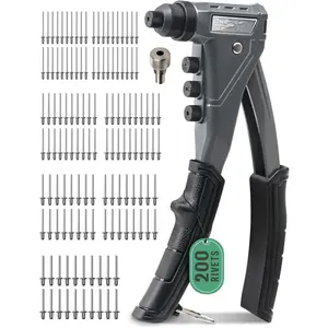 -Handed Pop Rivet  Set - 9.6" Extended  Handle, 4 Tool-Free Interchangeable Heads, 200  Rivets (3/32" 1/8" 5/32" 3/16"), Professional Manual Riveting Tool for Metal Work